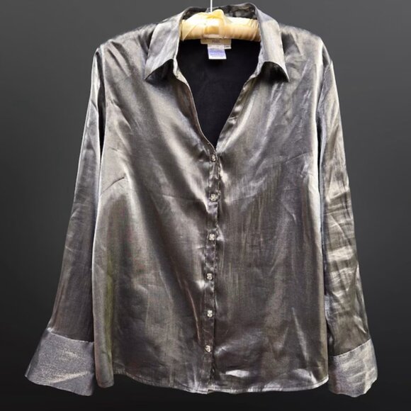 Jessica Plus Tops - Y2K Silver Shiny Blouse Women's Size 1X Long Sleeve Button Up Metallic Top